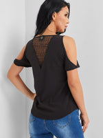 Wholesale Round Neck Cold Shoulder Crochet Lace Embellished Hollow Short Sleeve Black Top