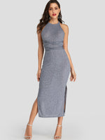 Wholesale Grey Halter Sleeveless Plain Backless Self-Tie Criss-Cross Slit Hem Sexy Dress