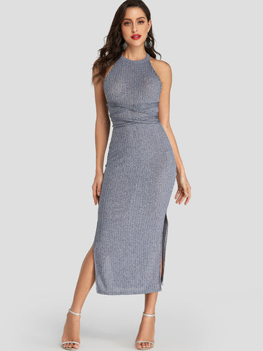 Wholesale Grey Halter Sleeveless Plain Backless Self-Tie Criss-Cross Slit Hem Sexy Dress