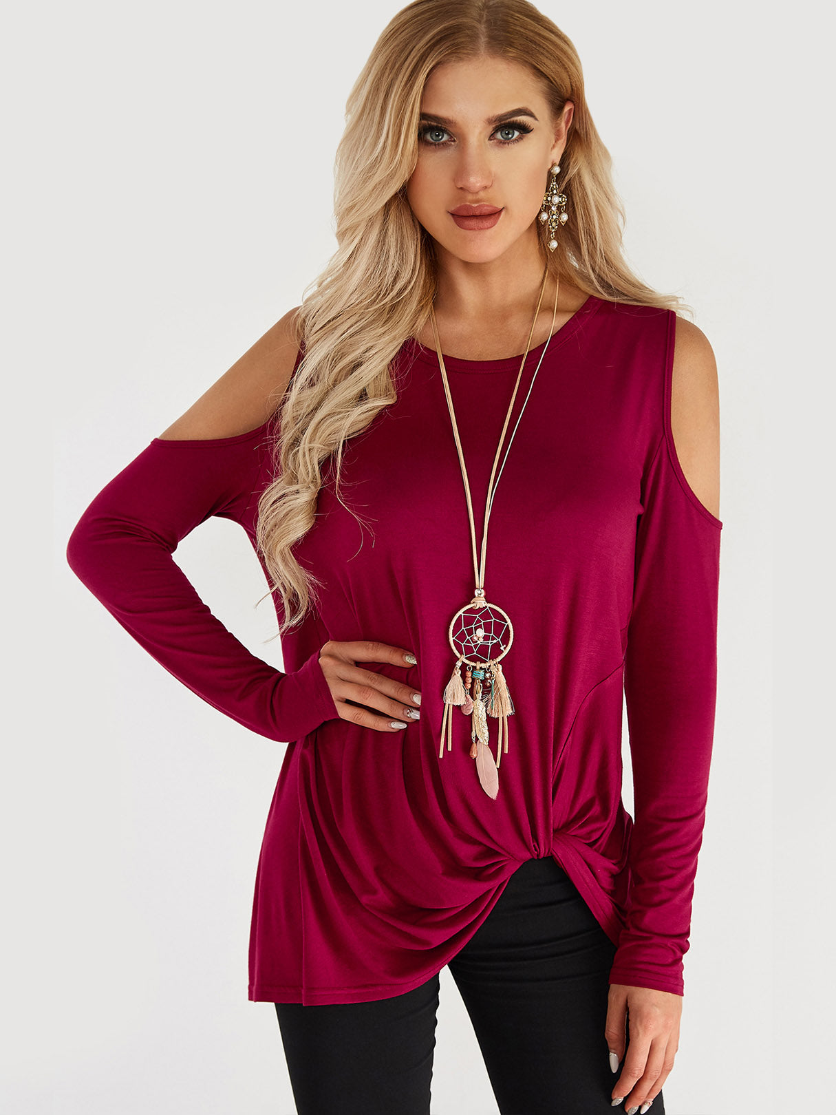 Wholesale Round Neck Cold Shoulder Plain Crossed Front Hollow Cut Out Pleated Long Sleeve T-Shirts