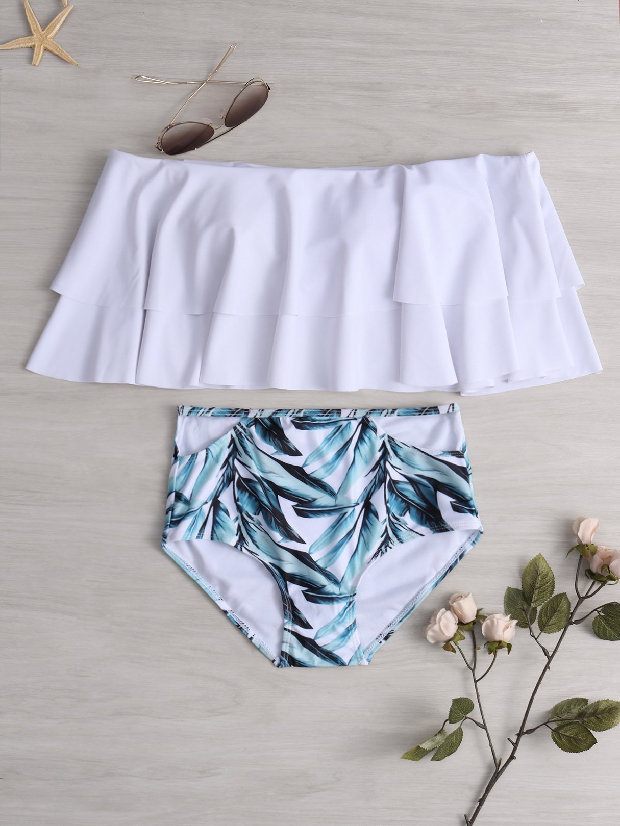 Wholesale Off The Shoulder Short Sleeve Floral Print Backless Bikinis