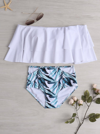 Wholesale Off The Shoulder Short Sleeve Floral Print Backless Bikinis