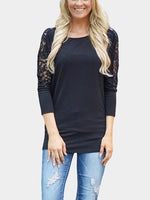 Wholesale Round Neck Plain Lace Long Sleeve Black T-Shirts