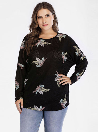 Wholesale Round Neck Floral Print Calico Long Sleeve Black Plus Size Tops