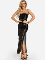 Wholesale Black Strapless Sleeveless Backless Sequins Embellished Slit Hem Sexy Dresses