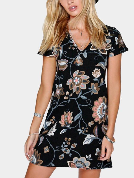 Wholesale V-Neck Short Sleeve Floral Print Dresses