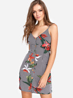 Wholesale V-Neck Sleeveless Stripe Floral Print Spaghetti Strap Self-Tie Dresses