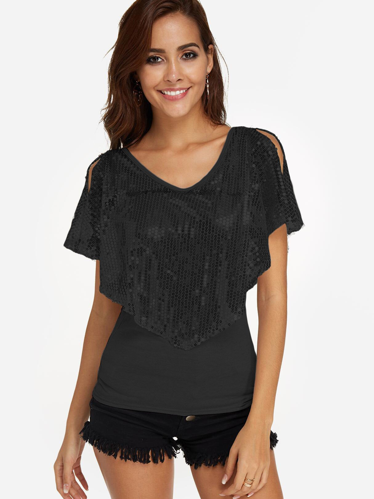 Wholesale V-Neck Cold Shoulder Sequins Embellished Short Sleeve Black Top