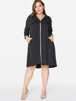 Wholesale Classic Collar Plain Pleated Long Sleeve Black Plus Size Dresses