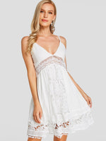 Wholesale White V-Neck Sleeveless Plain Lace Zip Back Tassel Hem Mini Dresses