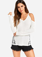 Wholesale V-Neck Plain Lace Cut Out Long Sleeve White T-Shirts