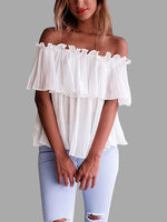 Wholesale Off The Shoulder Pleated Short Sleeve White Blouses