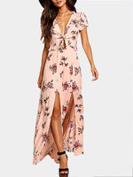 Wholesale Pink Deep V Neck Short Sleeve Floral Print Cut Out Slit Hem Maxi Dress