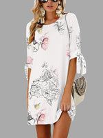 Wholesale White Round Neck Half Sleeve Floral Print Self-Tie Mini Dresses