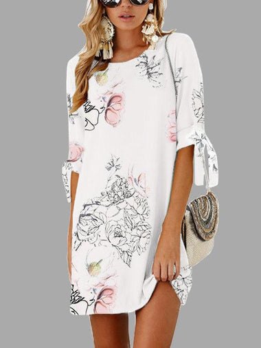 Wholesale White Round Neck Half Sleeve Floral Print Self-Tie Mini Dresses