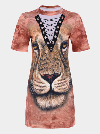 Wholesale Yellow V-Neck Short Sleeve Animal Lace-Up Mini Dress