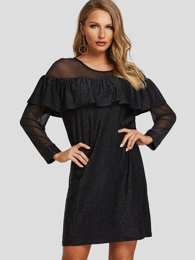 Wholesale Black Round Neck Long Sleeve Plain See Through Casual Dresses