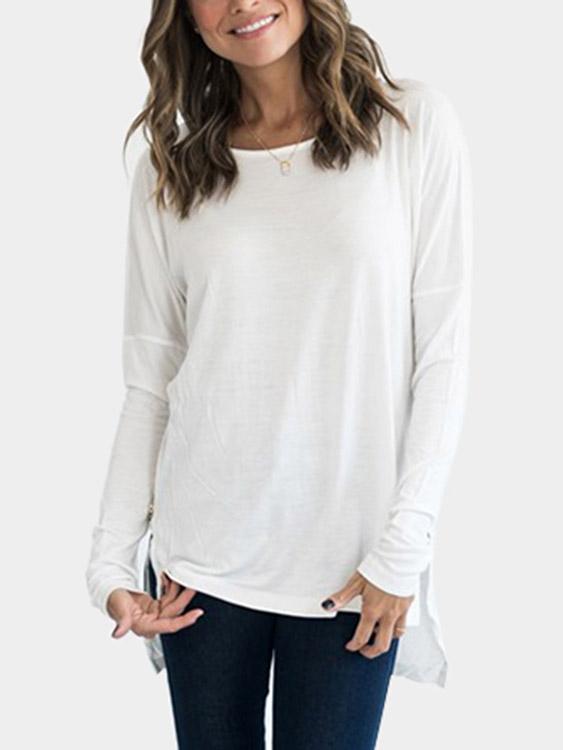 Wholesale Round Neck Plain Zip Back Slit Long Sleeve White Top