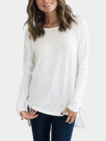 Wholesale Round Neck Plain Zip Back Slit Long Sleeve White Top