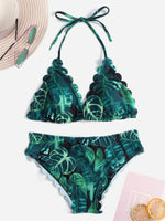 Wholesale Halter Printed Sleeveless Green Bikini Set