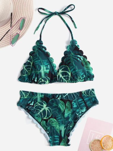Wholesale Halter Printed Sleeveless Green Bikini Set