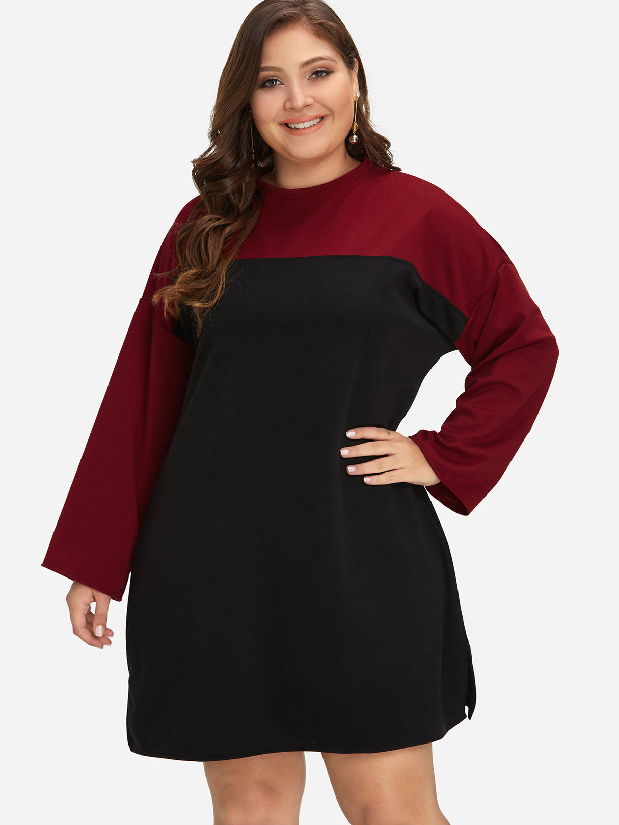 Wholesale Crew Neck Plain Long Sleeve Slit Hem Plus Size Dress