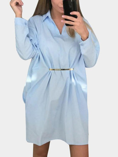 Wholesale Classic Collar Plain Long Sleeve Blue Shirt Dresses