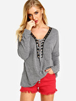 Wholesale Deep V-Neck Crossed Front Lace-Up Long Sleeve Grey T-Shirts