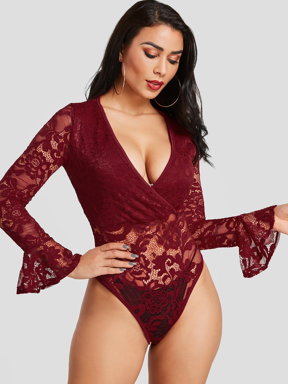 Wholesale Deep V Neck Lace Long Sleeve Burgundy Blouses