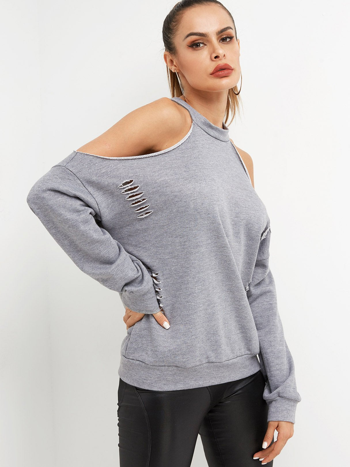 Wholesale Cold Shoulder Plain Cut Out Long Sleeve Grey T-Shirts