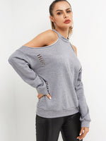 Wholesale Cold Shoulder Plain Cut Out Long Sleeve Grey T-Shirts
