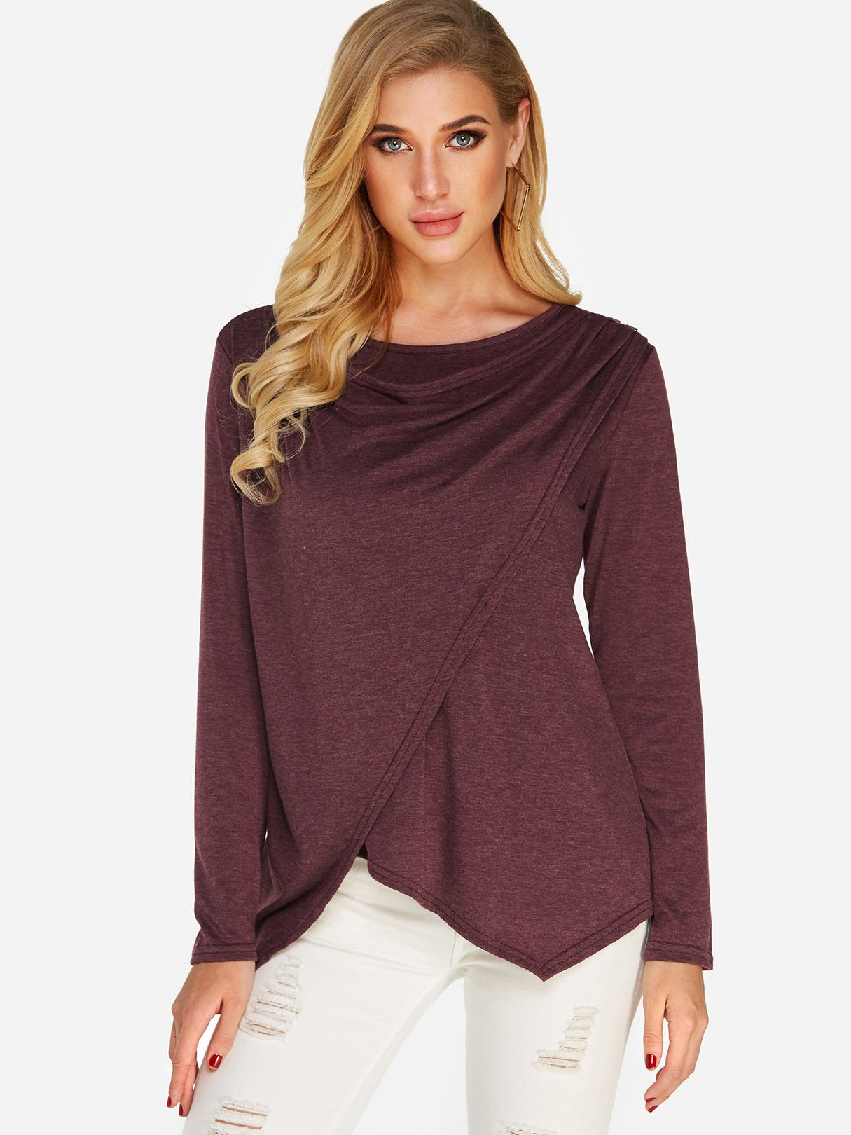Wholesale Plain Crossed Front Long Sleeve Irregular Hem Purple T-Shirts