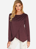 Wholesale Plain Crossed Front Long Sleeve Irregular Hem Purple T-Shirts