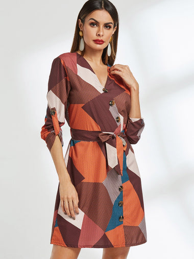 Wholesale V-Neck Long Sleeve Geometrical Belt Wrap Casual Dresses