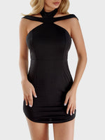 Wholesale Halter Plain Zip Back Backless Cut Out Curved Hem Black Mini Dress