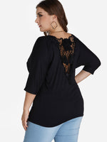 Wholesale Round Neck Plain Lace 3/4 Sleeve Black Plus Size Tops