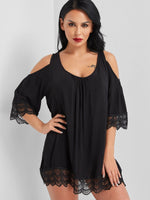 Wholesale Scoop Neck Cold Shoulder Lace Tie-Up 3/4 Length Sleeve Black Beachwear