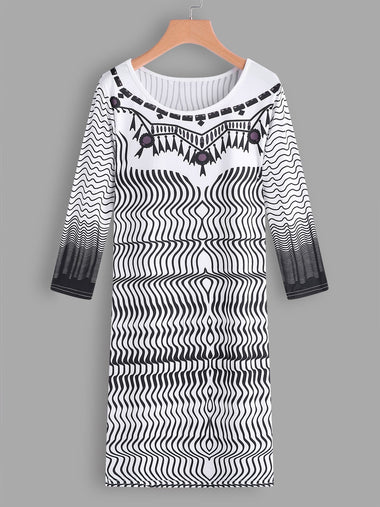 Wholesale Round Neck 3/4 Sleeve Length Wave Bodycon Casual Dresses