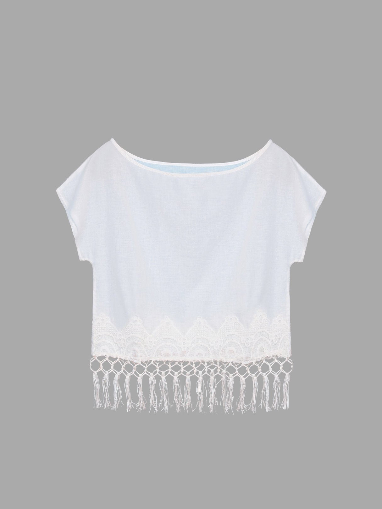 Wholesale White Round Neck Tassel Crochet Lace Embellished Cover Ups Swimwear