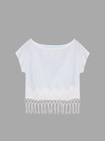 Wholesale White Round Neck Tassel Crochet Lace Embellished Cover Ups Swimwear