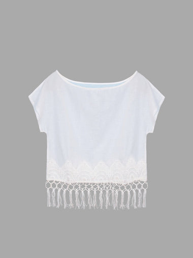 Wholesale White Round Neck Tassel Crochet Lace Embellished Cover Ups Swimwear