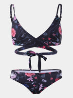 Wholesale Black V-Neck Sleeveless Floral Print Lace-Up Cut Out Bikinis