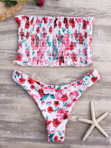 Wholesale Pink Random Floral Print Elastic Strapless Sleeveless Bikinis