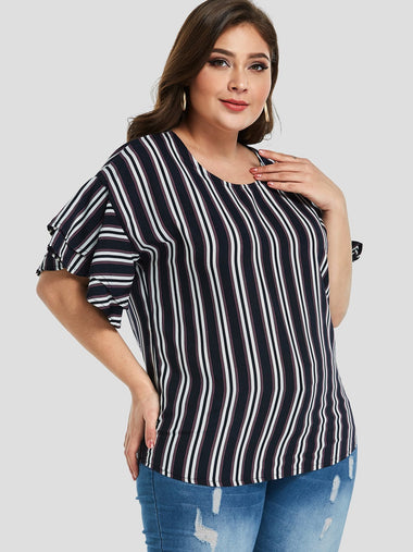 Wholesale Round Neck Stripe Tiered Ruffle Trim Plus Size Tops