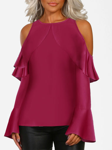 Wholesale Cold Shoulder Cut Out Long Sleeve Burgundy Blouses