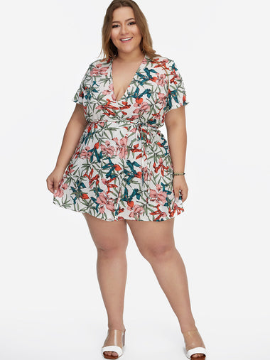 Wholesale V-Neck Floral Print Self-Tie Short Sleeve Plus Size Bottoms