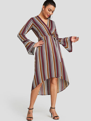 Wholesale V-Neck Long Sleeve Stripe Crossed Front Belt Self-Tie Slit Hem Casual Dress