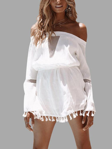 Wholesale White Off The Shoulder Long Sleeve Tassel Mini Dress