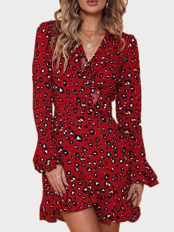 Wholesale Red V-Neck Long Sleeve Leopard Wrap Ruffle Hem Dresses