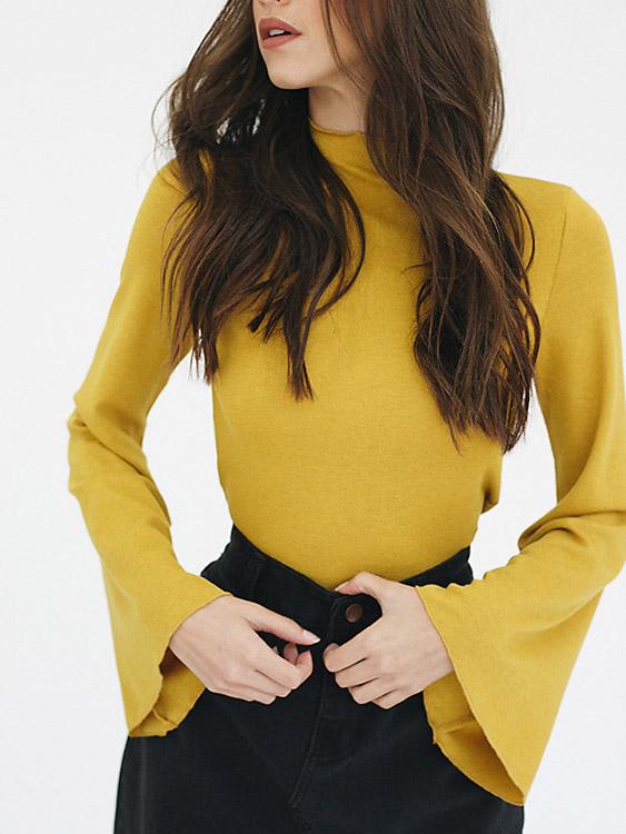 Wholesale Chimney Collar Plain Long Sleeve Yellow T-Shirts